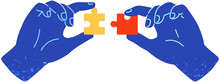 Hands Assembling Jigsaw Puzzle Pieces Together. Multicolored Logic Toy, Folding Picture Or Mosaic Vector Illustration. People Cooperate To Connect Pieces Of Mosaic. Teamwork With Puzzle Game