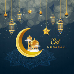 Sticker - Eid Mubarak Arabic elegant luxury ornamental Islamic background with Islamic decorative golden moon lantern star