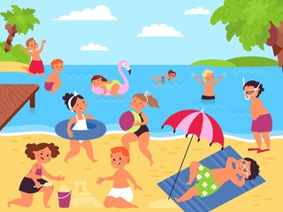 Wall Mural - Cartoon kids on beach. Children on sea playing with sand. Summer tourism activity. Seasonal vacations, kid swimming and jumping in water, decent vector scene