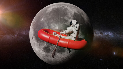 Wall Mural - astronaut in rubber boat in front of the moon