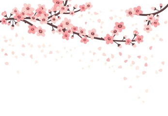 Sticker - Cherry blossom. Apricot sakura flowers and flying leaves. Japanese tree branches, pink flowers and leaf. Isolated asian chinese blossom plant neoteric vector poster