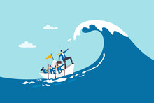 Courage And Leadership To Win Business Success, Teamwork To Help Survive Crisis, Challenge Or Risk Taker Concept, Businessman Captain Point Finger To Lead Team Sailing Boat To Survive Big Wave Storm.