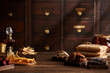 Close view of chinese traditional herb ginseng mushroom in wooden table