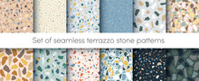 Vector Terrazzo Flooring Seamless Patterns Set. Abstract Natural Color Italian Textured Stone Surface, Terrazzo Concrete. Classic Granite Natural Terrazzo Floor. Interior Design Background Collection