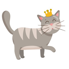  Happy cute cat kitty in crown cartoon animal pet character isolated on white. Flat style vector illustration