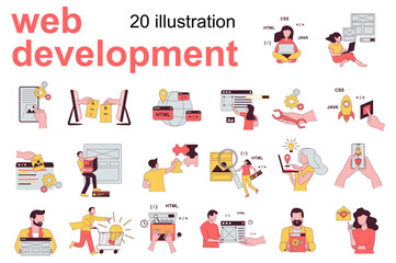 Web development concept with people scenes set in flat design. Men and women coding, optimization sites, create layout interface, analyzing data. Vector illustration visual stories collection for web