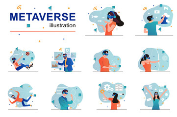 Leinwandbilder - Metaverse concept with people scenes set in flat design. Men and women in VR headset using cyberspace for work, playing game, study and science. Vector illustration visual stories collection for web