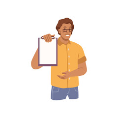 Poster - Male personage presenting idea on paper planner notebook, isolated business director, boss or employee. Vector flat cartoon character, man with report and summaries of project and tasks assignments