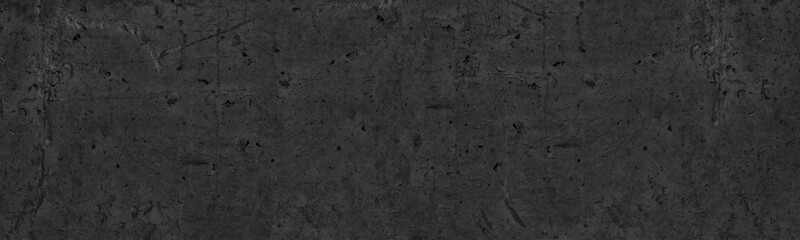 Wall Mural - Old shabby black concrete wall wide panoramic texture. Rough textured cement slab surface. Abstract dark grunge large long background