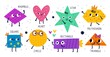 Basic geometric shapes faces. Cute baby educational figures with inscriptions. Childish patterned color emoji characters. Circle and polygons with funny smiles. Vector abstract forms set