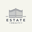 © JoelMasson - Real estate iron gate property logo. Lifestyle security estate line icon. Classic wrought iron entrance sign. Vector illustration.