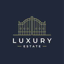 Luxury Real Estate Gate Logo. Upmarket Property Lifestyle Security Estate Line Icon. Classic Wrought Iron Entrance Sign. Vector Illustration.