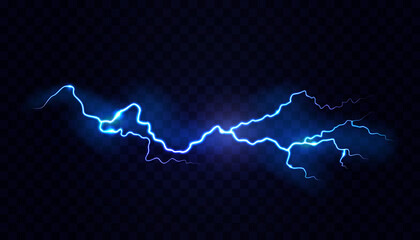 Poster - Neon electric lightning realistic effect, isolated on black background. Vector illustration, flash with powerful voltage. Stormy and rainy weather, glowing and shining blazing or blast