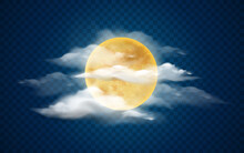 Cloudscape With Full Yellow Moon Glowing At Dark Sky. Vector Flat Cartoon With Transparent Background. Bright Celestial Body Astronomy And Astrology. Romantic And Spooky Landscape Scenery