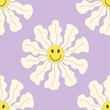 1970 Retro Smile Chamomile Groovy Seamless Pattern on Lilac Background. Hippie Aesthetic. Hand-Drawn Vector Illustration, Flat Design. Kids Graphic Cover or Sticker. 