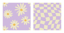 1970 Daisy Flowers And Trippy Grid Seamless Pattern Set In Pastel Lilac Colors. Hand-Drawn Vector Illustration. Seventies Style, Groovy Background, Wallpaper. Flat Design, Hippie Aesthetic.