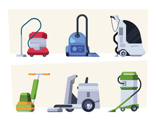 Poster - Cleaning equipment. Commercial cleaners with professional tools vacuum cleaner mops garish vector illustrations in flat style