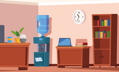Poster - Cooler in office. Modern interior with tanks for water coolers garish vector cartoon background