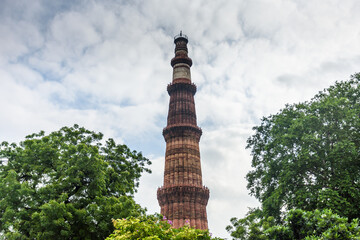 Qutub (Qutb) Minar, the tallest free-standing stone tower in the world, and the tallest minaret in India, constructed with red sandstone and marble in 1199 AD. Unesco World Heritage. India