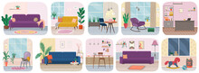 Set Of Illustrations On Theme Of Interior Design Decoration And Layout Of Living Room. Arrangement Of Furniture And Installation Of Sofa At Home With Various Accessories In Kitchen And Sitting-room