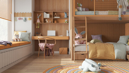Modern children wooden bedroom with bunk bed in orange pastel tones, parquet floor, big window with bench and blinds, desk, carpet with toys, pillows and duvet. Interior design
