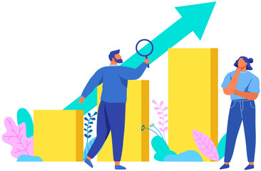 Poster - people working with bar chart using magnifier. data analysis, business statistics information concep