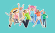 canvas print picture - happiness, childhood and people concept - magazine style collage of happy kids jumping in air over blue background