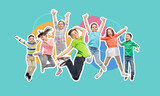 happiness, childhood and people concept - magazine style collage of happy kids jumping in air over blue background