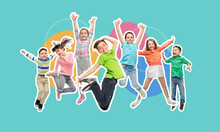 Happiness, Childhood And People Concept - Magazine Style Collage Of Happy Kids Jumping In Air Over Blue Background