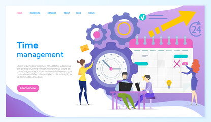 Poster - Effective time management, teamwork, planning training activities, organization, working plan concept. Website template landing page flat style. Colleagues create work schedule, monthly plan
