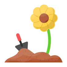 Shovel With Sunflower Concept, Home Gardening Vector Color Icon Design, Farming And Agriculture Symbol, Village Life Sign, Rural And Livestock Stock Illustration