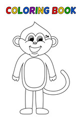 Sticker - Young smiling monkey standing in black and white for coloring