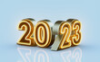© TanzimGraphicsZone - happy new year 2023 with golden neon light and glass effect 3d render concept for template design