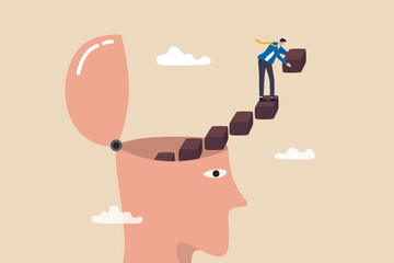 Wall Mural - Personal development or personal growth, self improvement to develop mindset, knowledge or skill to achieve success, motivation or advancement concept, businessman build growing stair from his head.