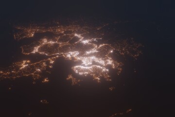 Aerial shot of Hong Kong (China) at night, view from south. Imitation of satellite view on modern city with street lights and glow effect. 3d render