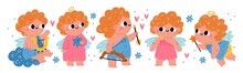 Baby Angels. Little Cute Amurs Hold Bow, Arrows And Harps. Chubby Children With Wings And Halos. Cartoon Curly Haired Boys On Clouds. Religious Flying Characters. Vector Cherubs Set