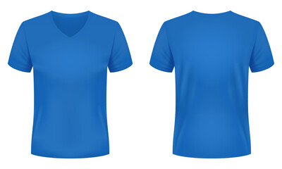 Wall Mural - Blank blue V-neck t-shirt template. Front and back views. Vector illustration.
