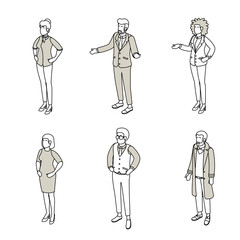 Set of different isometric people on white. Vector illustration flat design isolated. Male and female characters. Office and casual clothes. Outline, linear style, line art.