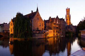 Sticker - Bruges, Belgium night scene on the Rozenhoedkaai River