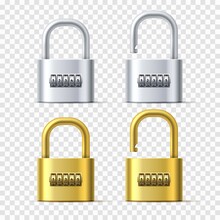 Realistic Padlocks. Golden And Silver Door Combination Locks. Spinning Reels With Numbers. Mechanical Protective Device. Passcode On Rotating Wheels. Vector 3D Interlock Mechanisms Set