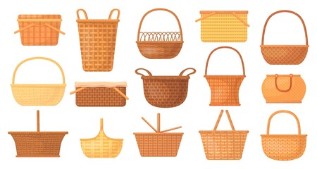 Cartoon handmade baskets. Wicker rattan picnic basket, bamboo weave empty bag for lunch or gift easter, straw hamper, rural wooden handle basketry, cartoon neat vector illustration