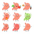 © ssstocker - Stomach mascot. Stomaches medical character cute face healthy abdomen, crying gastric pain ulcera gut happy strong belly unhealthy food nutrition, neat medicine vector illustration