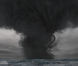 Illustration of a tornado at sea with the shape of a large tentacled monster within it