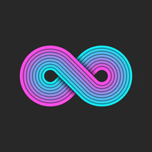 Infinity Logo Or Cyberpunk Endless Symbol Pink And Blue Gradient, Overlapping Multilayer Striped Round Infinite 3d Geometric Shape.