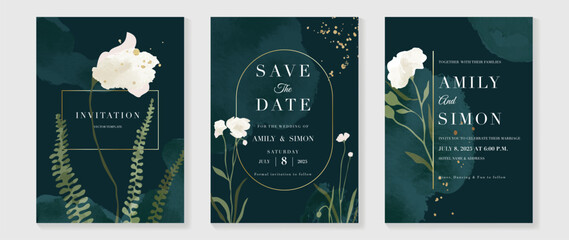 Luxury botanical wedding invitation card template. Green watercolor card with leaf branches, gold glitters, foliage, eucalyptus. Elegant garden vector design suitable for banner, cover, invitation.