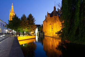 Sticker - Bruges, Belgium night scene on the Rozenhoedkaai River