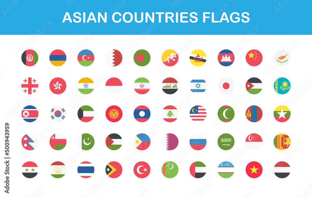 Asian countries flags round web buttons in flat. Vector EPS 10 Stock ...