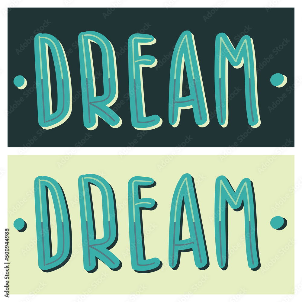 Set of hand drawn doodle card with colorful text Dream on the dark blue ...
