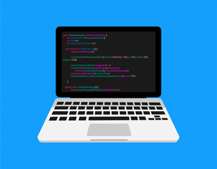 Computer and program design and code development. Coding and programming on a laptop. Application development technology and software. Vector.