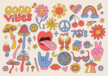 Big Set Of Retro 70s Groovy Elements, Cute Funky Hippy Stickers. Cartoon Daisy Flowers, Mushrooms, Peace Sign, Lips, Rainbow, Hippie Collection. Positive Hand Drdawn Vector Isolated Symbols .